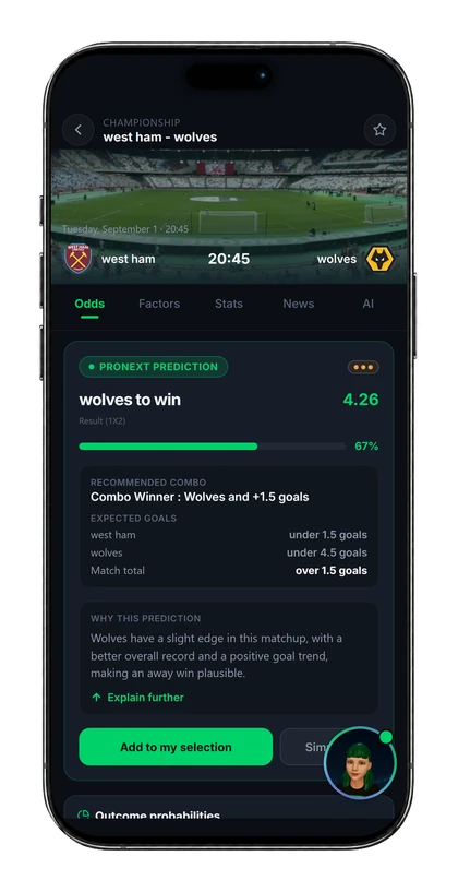 Écran d’analyse de match de l’app Pronext