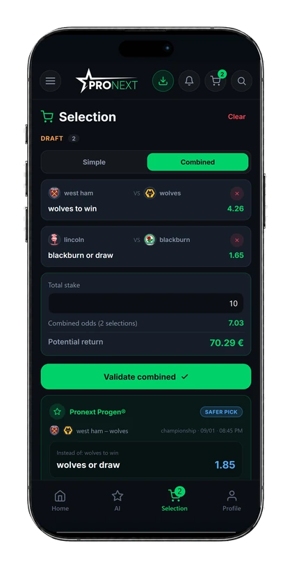 Écran Sélection de l’app Pronext avec la cote combinée